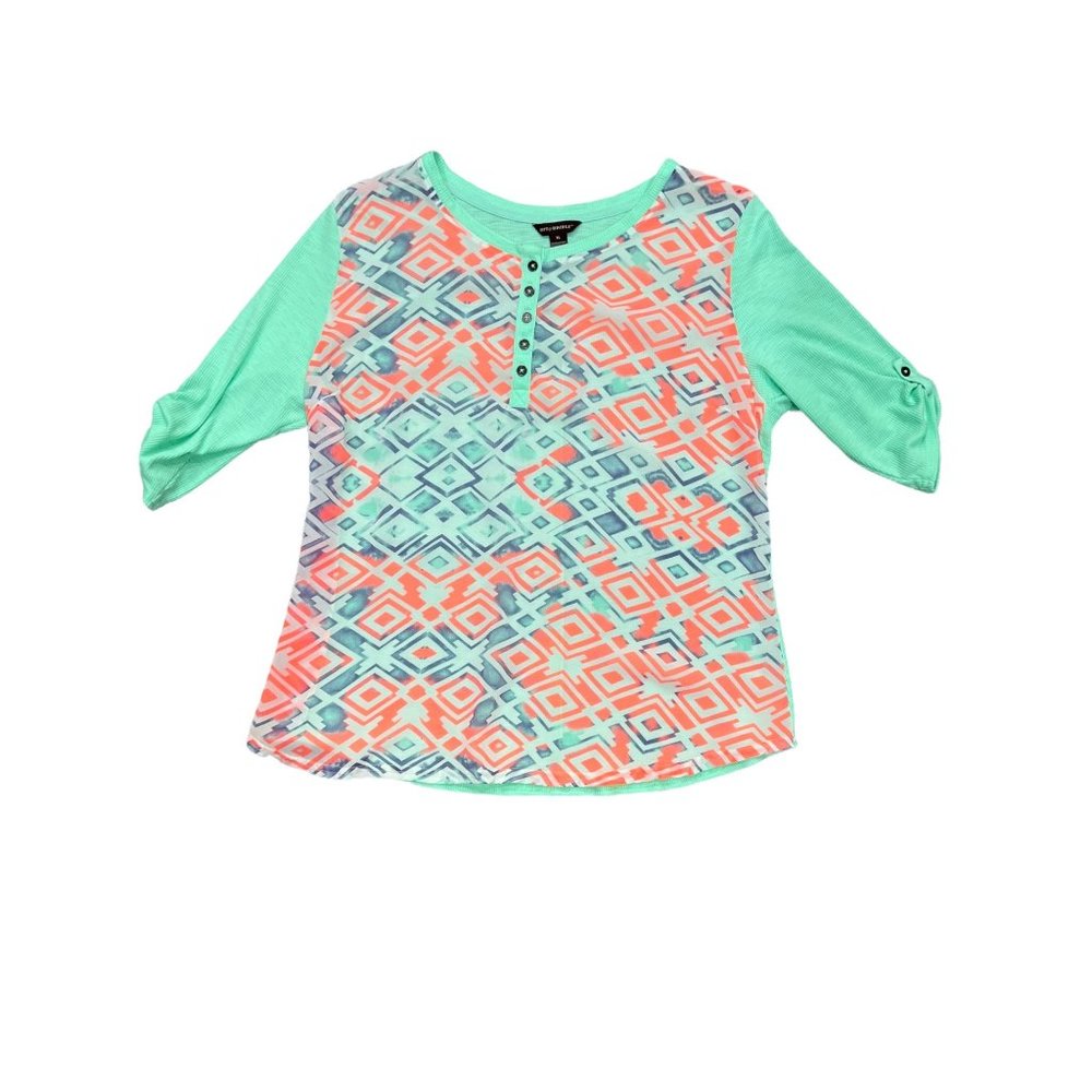 Bit & Bridle Aztec Southwestern Sheer Waffle Knit Henley Top Size XL